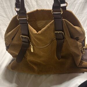 Charming Charlie Corduroy Tote in Tan with Dark Brown Straps and Gold Hardware
